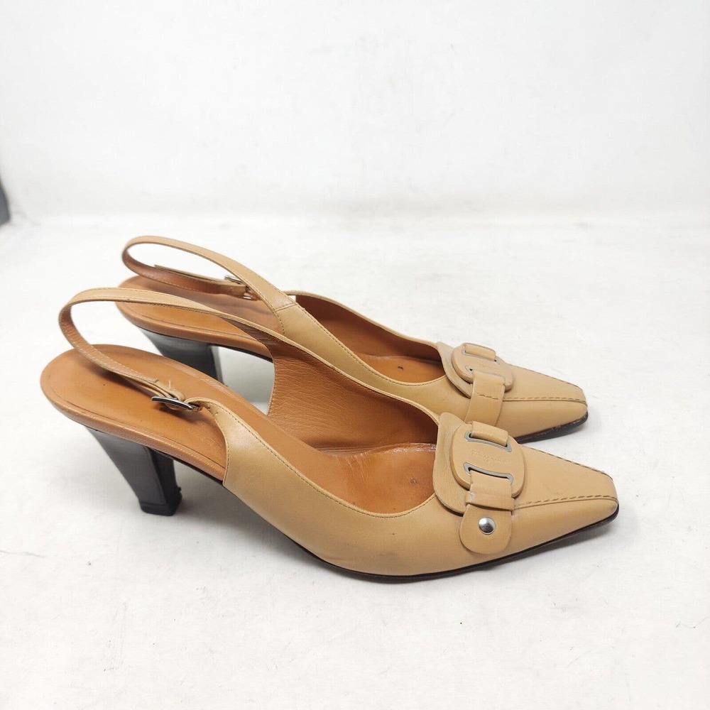 Salvatore Ferragamo Womens Heels Tan Leather Slingback Mule Horsebit Pumps 7.5 - Picture 2 of 12